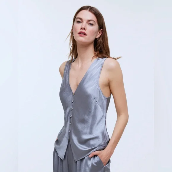 Madewell Dusk Grey Satin Vest Top Matching Set Sizes 12 and L - Picture 3 of 13